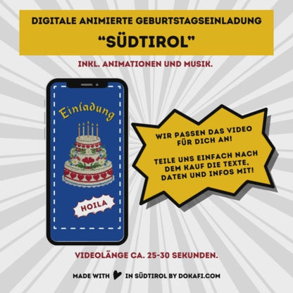 Animierte Geburtstagseinladung "Südtirol" | Digitaler Download | Video | Tiroler Design | Einladung für Kinder oder Erwachsene | Digitale Einladung für Whatsapp | Instagram | Tiktok